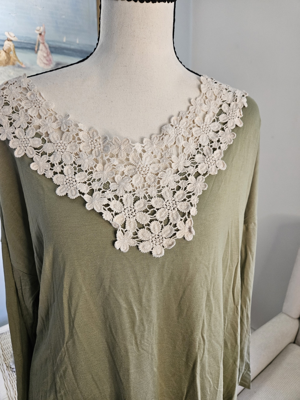 Olive Green Tunic Top with Cream Crochet Floral Yoke. P44